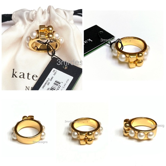 NWT Kate Spade ♠️ NOEL 12-K Matte Gold Plated Brass Glass Pearls Chunky Ring - Picture 5 of 11
